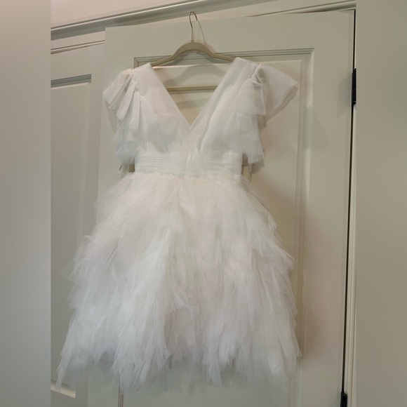 Mac Duggal 20505 Flutter Ruffle Sleeve Tiered Mini Dress Size 2 NWT White - Picture 4 of 7